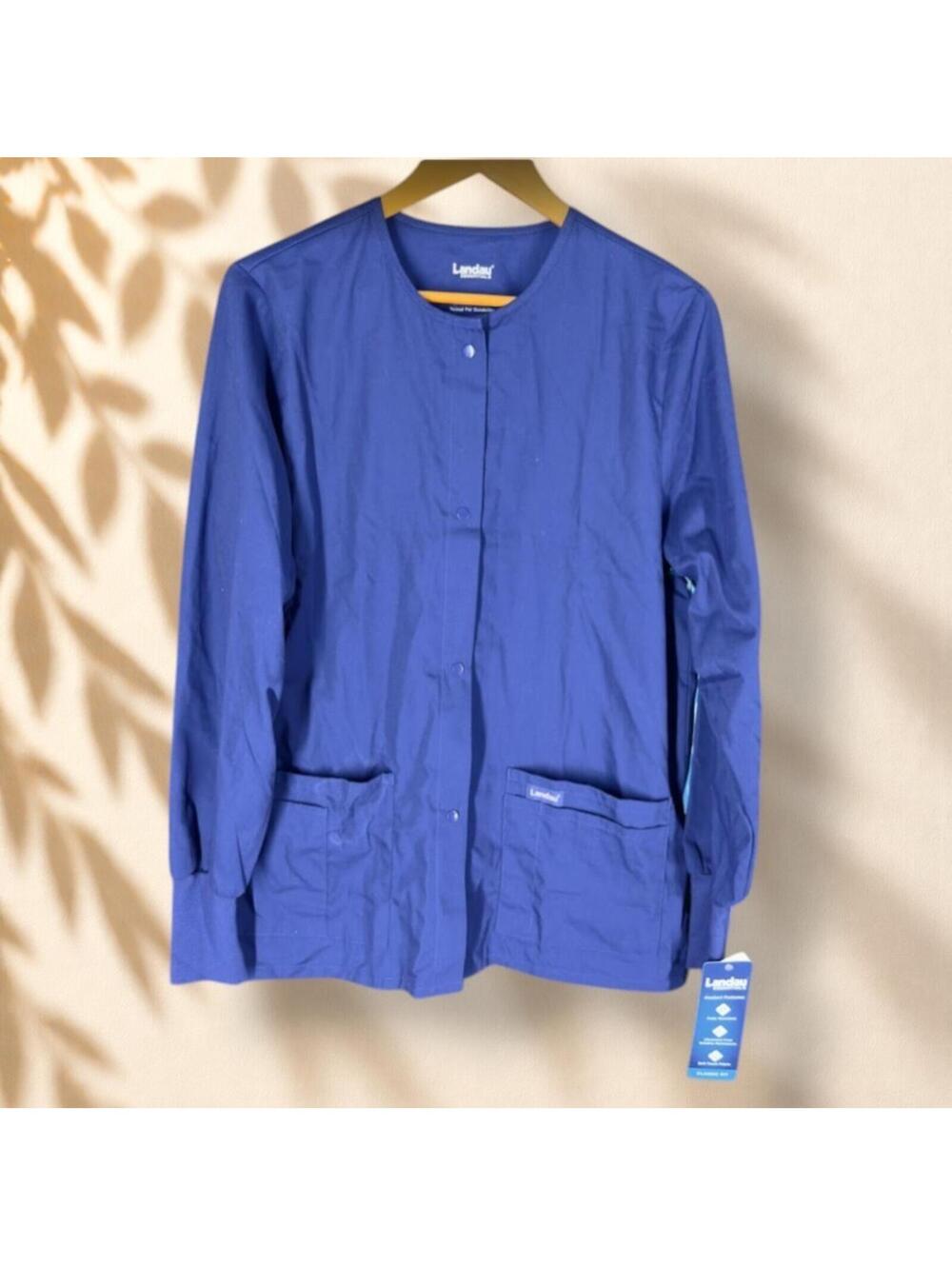 New Landau Scrub Top Women M Medium Blue Button Up Long Sleeve Pockets Workwear